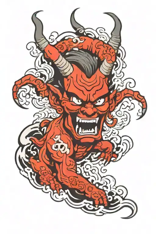 japanese devil. and text that says Rotondo. tattoo design idea