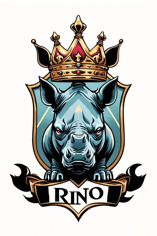 A rhino that at the bottom says Rino and at the top a crown of the king all inside a shield tattoo design idea