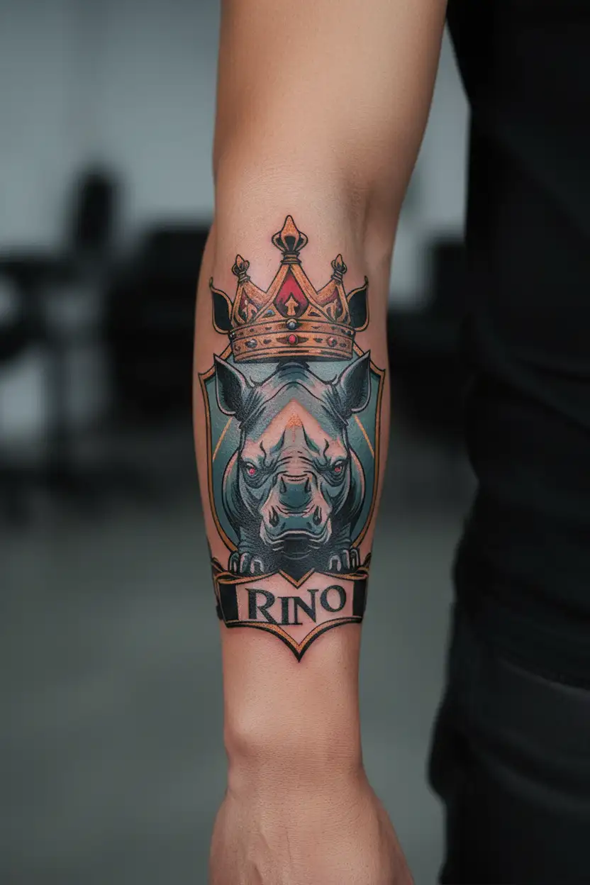 A rhino that at the bottom says Rino and at the top a crown of the king all inside a shield tattoo design idea