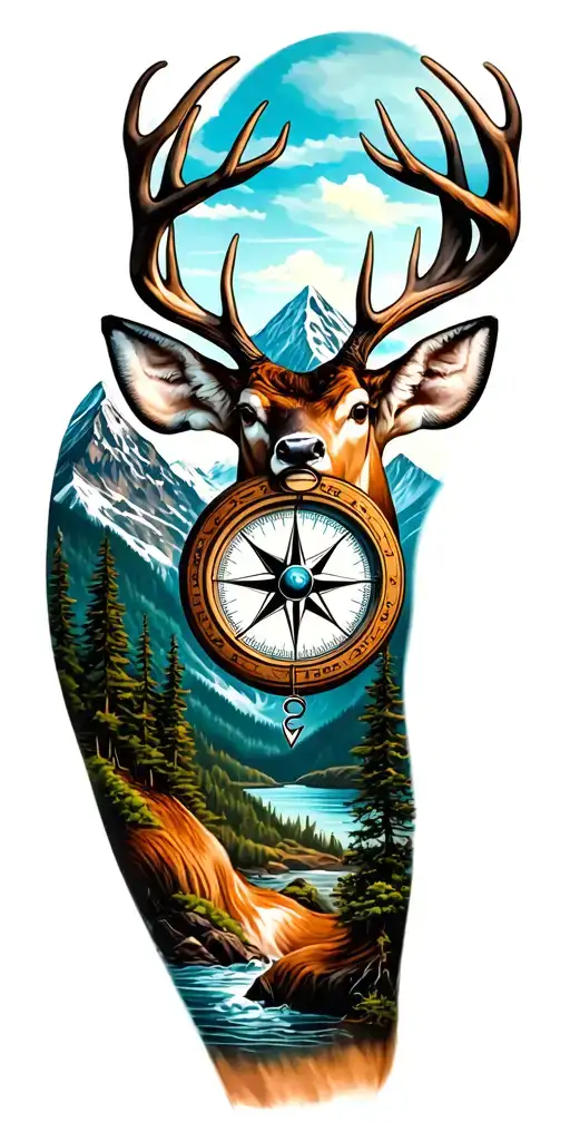 deer Creek mountain compass nature inspired sleeve tattoo design idea
