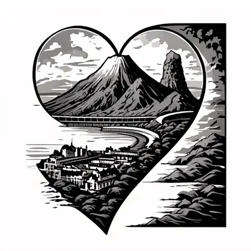 Vesuvius of Naples with the Maradona stadium and the Faraglioni di Capri all in a heart tattoo design idea