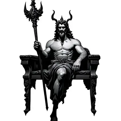 the Greek god hades sitting on a throne of ebony hold a scepter in his left hand  tattoo design idea