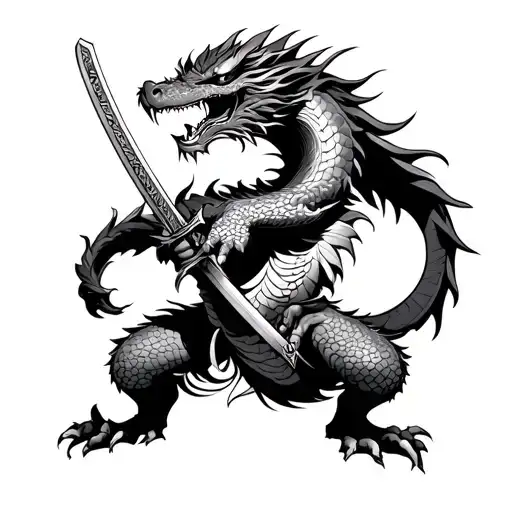 double dragon holding katana sword tattoo design idea