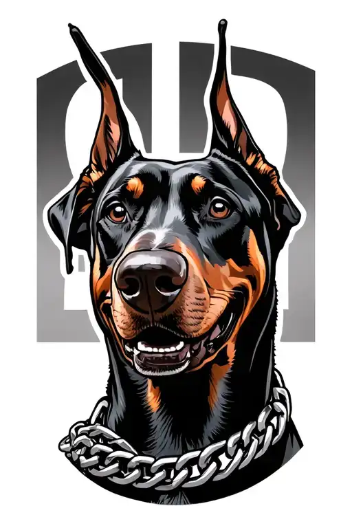 smiling doberman head comicstyle with chain bracelet tattoo design idea