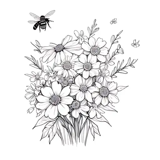 flower bunch, Marigolds, violets, daffodils, little bee flying. fine lines  tattoo design idea