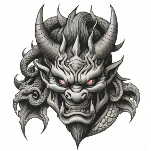 oni mask wrapped in a dragon tattoo design idea