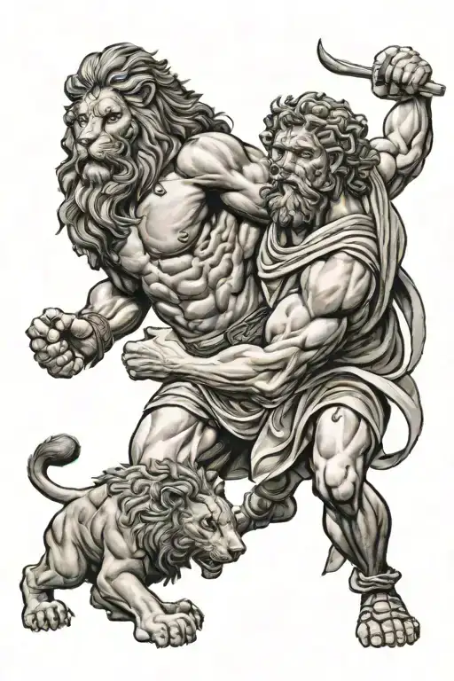 hercules and the lion mixed tattoo design idea
