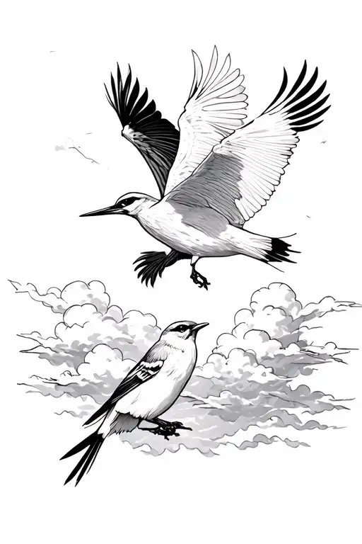 two crane birds flying above two sparrow birds with clouds between tattoo design idea