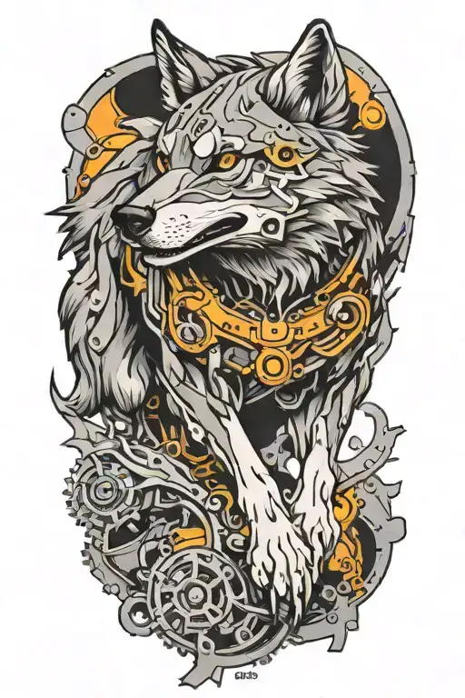 mechanical wolf running tattoo design idea