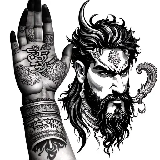 ### **Tattoo Design Concept: Lord Parshuram & Ravana with Sanskrit Shloka**  This hand tattoo will have a bold and det tattoo design idea