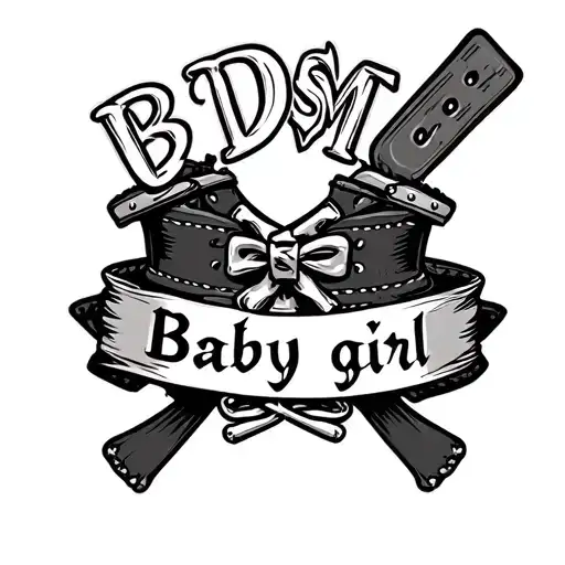 A tattoo design that includes the following. Bdsm collar, spanking paddle and the words baby girl on the collar tattoo design idea
