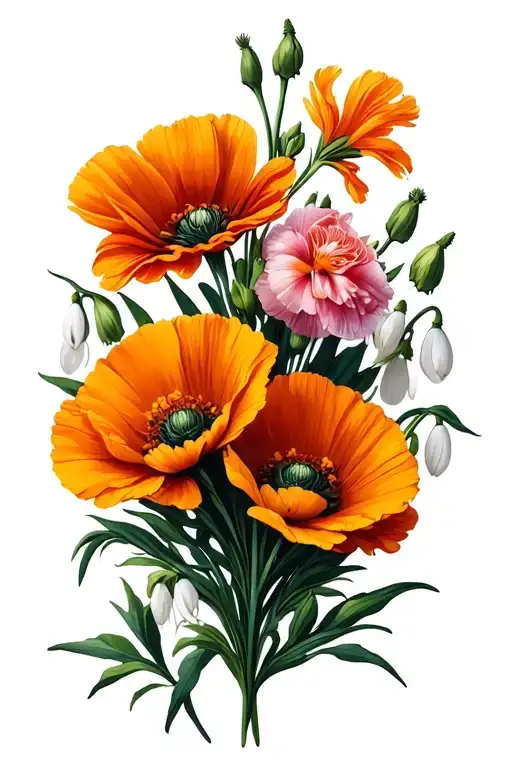 marigold poppy gladiolus cosmos carnation snowdrop flowers tattoo design idea