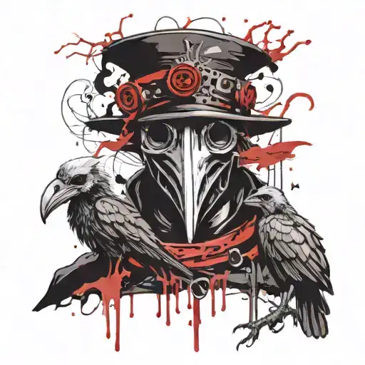 Plague doctor with skulls of dead birds on his shoulders and a torso in bloody bandages tattoo design idea