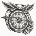 A bow and arrow  pulled back with at time clock behind it tattoo design idea