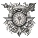A bow and arrow  pulled back with at time clock behind it tattoo design idea