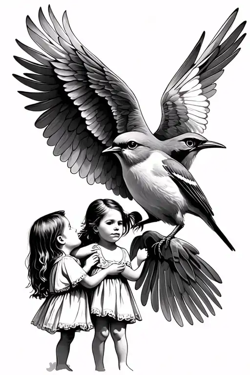 a tattoo from a mockingbird protecting 2 little girls under his opened wings tattoo design idea