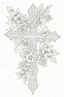cross with flowers and scroll across the top half tattoo design idea
