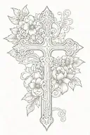 cross with flowers and scroll across the top half tattoo design idea
