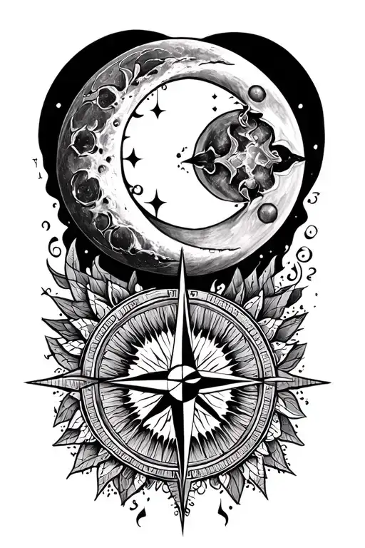 Sun And Moon, and mandala, and compass rose intertwined tattoo design idea