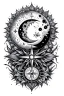 Sun And Moon, and mandala, and compass rose intertwined tattoo design idea