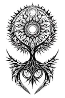 tribal design including army elements, tree of life, dna strand, goddess sun moon, dragon tattoo design idea