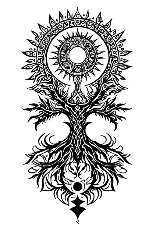 tribal design including army elements, tree of life, dna strand, goddess sun moon, dragon tattoo design idea