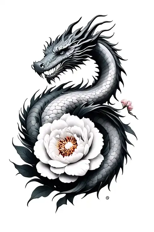 peonies and dragon wrapped round tattoo design idea