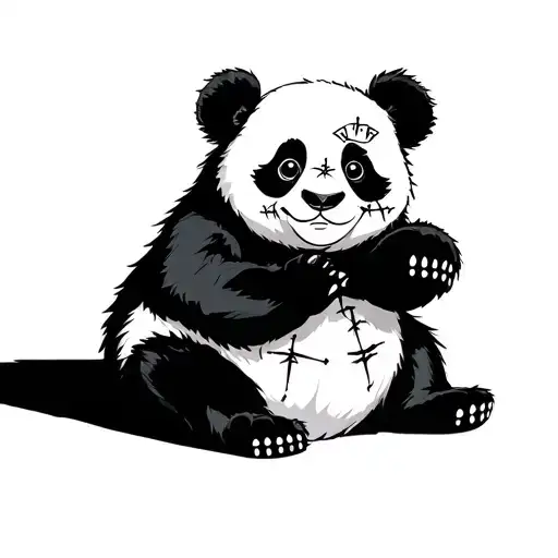 Creepy panda sitting with stitches and voodoo pins white buttoms for eyes. tattoo design idea