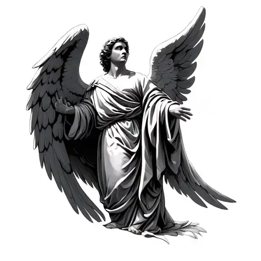 Archangel Raphael angel's wings spread wearing robes while looking up tattoo design idea
