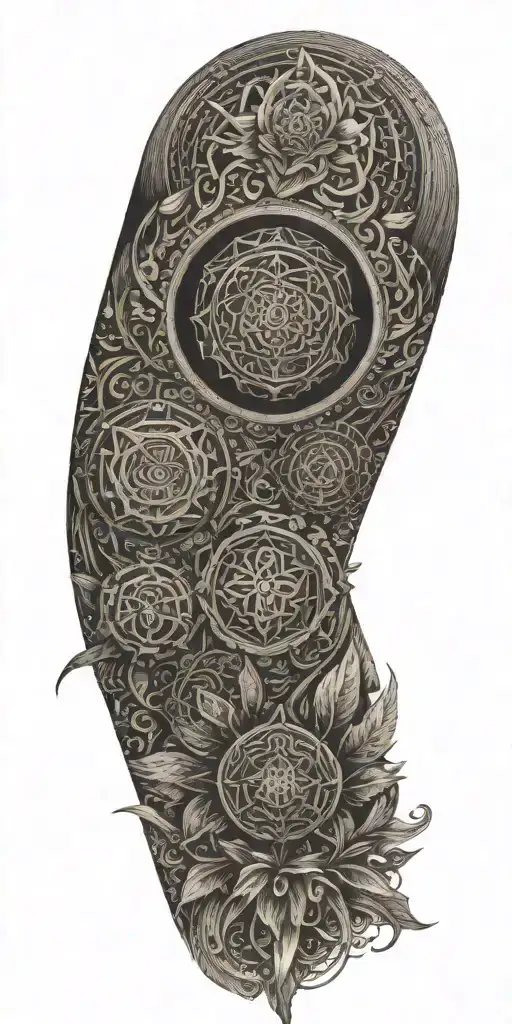 Blend Buddhist mandala, fine-line wood grain, anime elements, and subtle gaming symbols into a cohesive, flowing design tattoo design idea