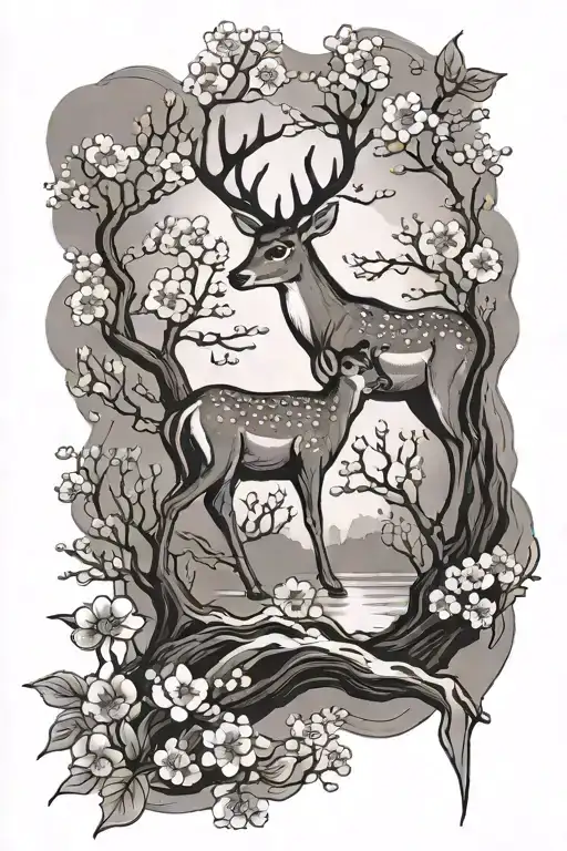 deer trees japenese cherry blossoms tattoo design idea