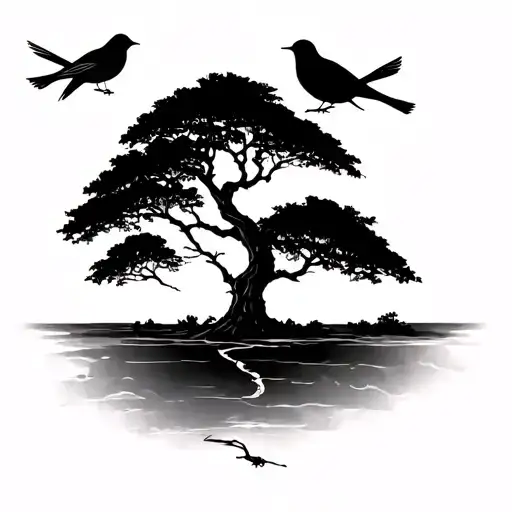 smaller shoulder blade tattoo of a small tree with three birds tattoo design idea