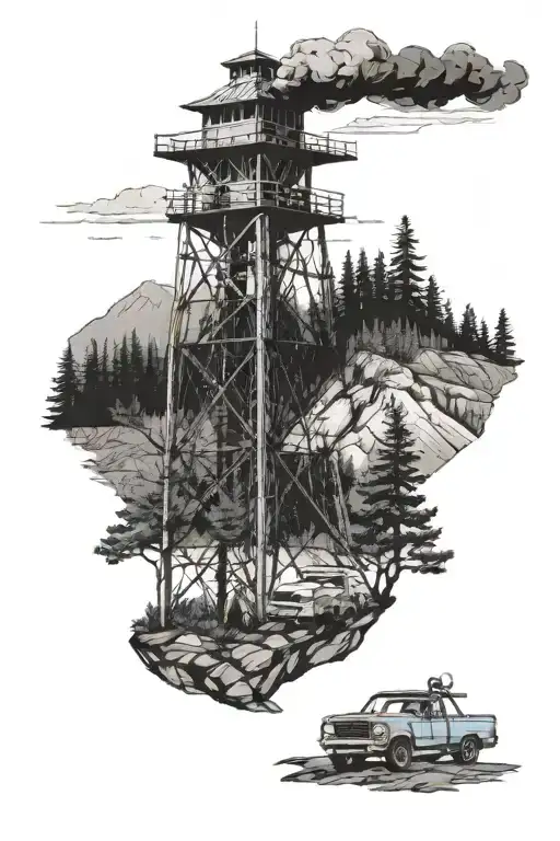 fire watch tower surrounded by forest and mountain. two men standing in tower. blue el Camino parked outside of tower tattoo design idea