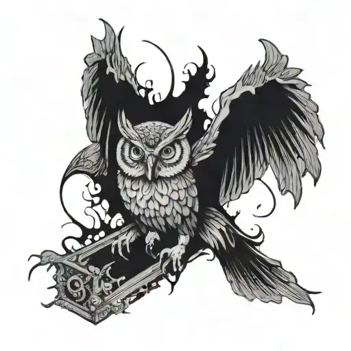 Flying owl attacking a flying bat chest piece in dark, bold blackwork style tattoo design idea