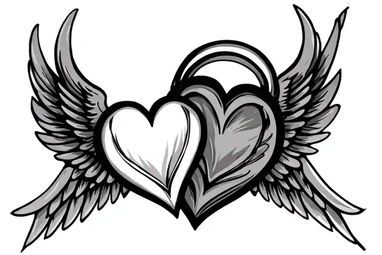 two thin line hearts overlapping with wings on the sides tattoo design idea