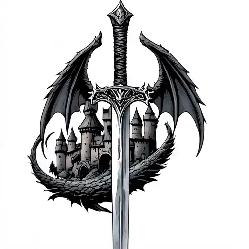 sword in stone with dragon wing handle with a castle in the back tattoo design idea