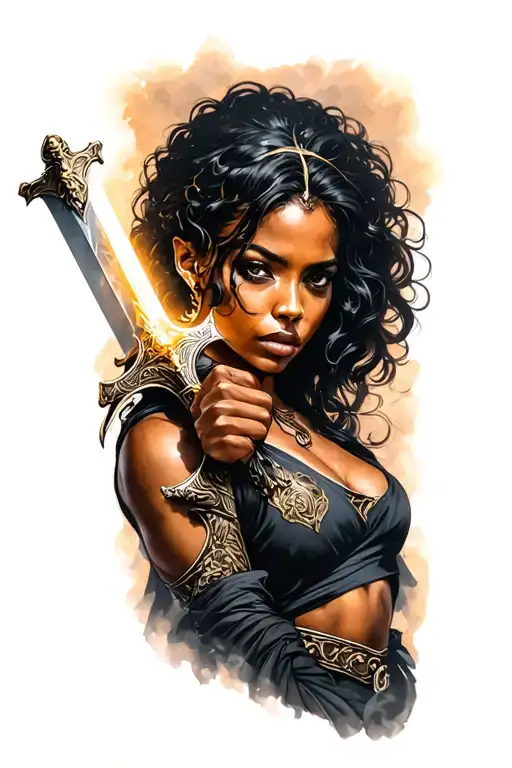 black woman good with steal helmat holding a light sword in one hand tattoo design idea