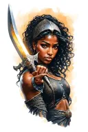 black woman good with steal helmat holding a light sword in one hand tattoo design idea