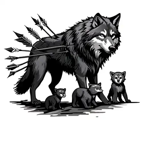 lone wolf with arrows in its back protecting 3 cubs tattoo design idea