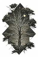 tree, lines, convolutions, lightning and space tattoo design idea
