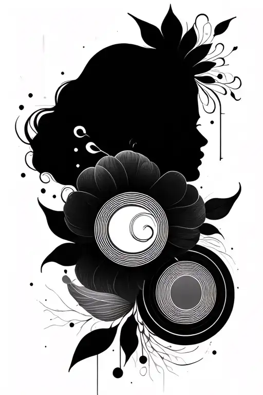 Abstract tattoo for a woman.  Themes are Travel, Books, Fantasy, Love and Music. With circles and a bit floral tattoo design idea