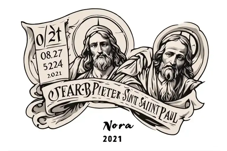 tattoo sleeve with Saint Peter and Saint Paul with the date 08/27/2021. also include the name Nora with the date 5/23/24 tattoo design idea