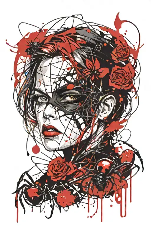Evil chick bleeding eyes with blackwidow spider and  webs tattoo design idea