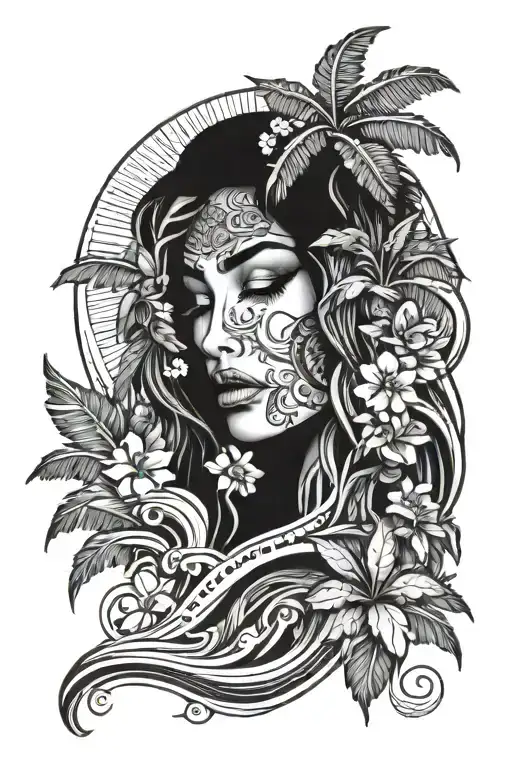 palm trees and waves and flower and beautiful face tattoo design idea