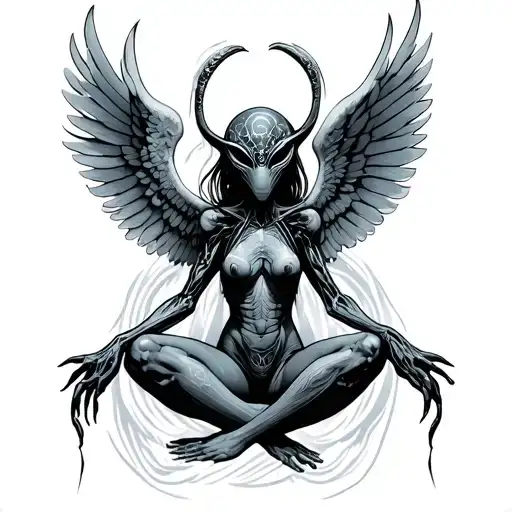 alien body with angel wings spread tattoo design idea