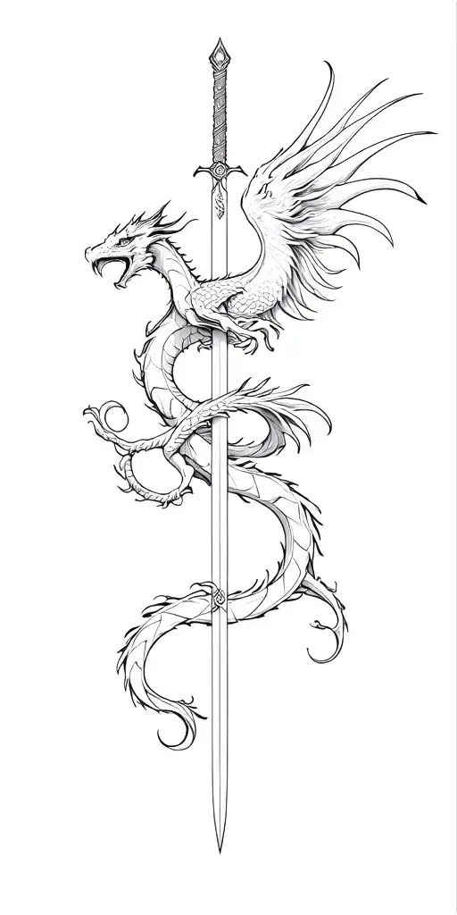 Dragon and phoenix wrapped around the sword tattoo design idea