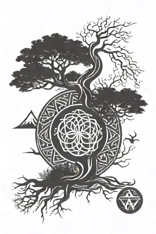 Yggdrasil supporting the nine realms symbool with norse runes tattoo design idea