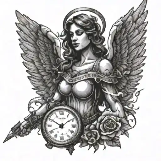Female warrior angel under sun rays. Incorporate a rose and a stopwatch tattoo design idea