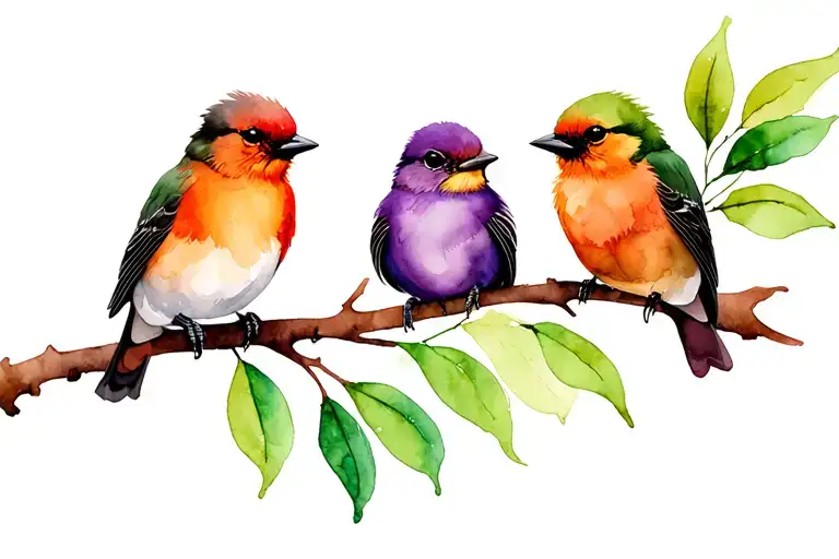 three watercolor birds perched on a leafy branch orange green and purple  tattoo design idea