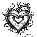 heart with infinity symbol intertwined with the name carlos with the dates 09/05/90 to 03/17/25  tattoo design idea